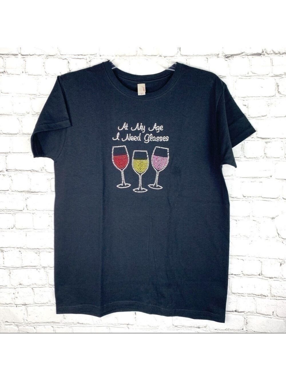 NWOT-ANVIL "At My Age I Need Glasses" RhineStone Embellished Wine Glasses Tee MD